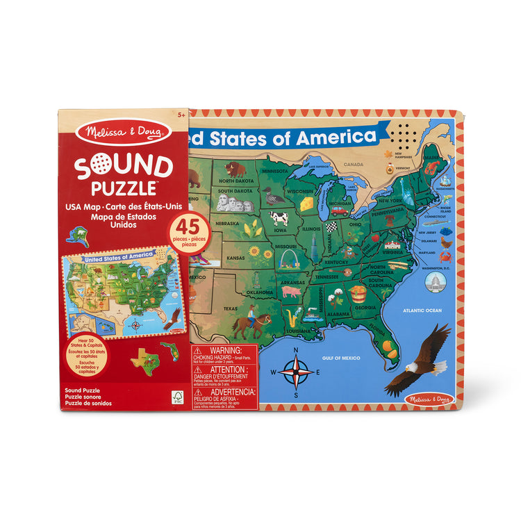 The front of the box for The Melissa & Doug USA Map Sound Puzzle - Wooden Puzzle With Sound Effects (40 pcs), Multicolor