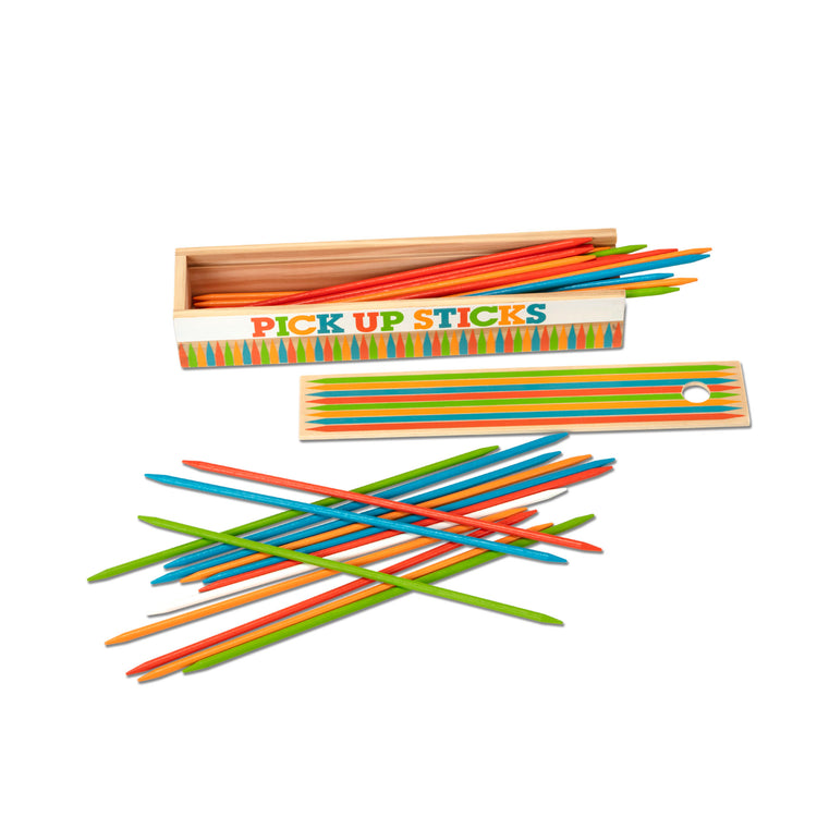 The loose pieces of The Melissa & Doug Wooden Pick-Up Sticks Tabletop Game with 41 Colorful Wooden Pieces in Wooden Storage Box