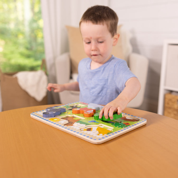 A kid playing with The Melissa & Doug Pets Wooden Chunky Puzzle (8 pcs)