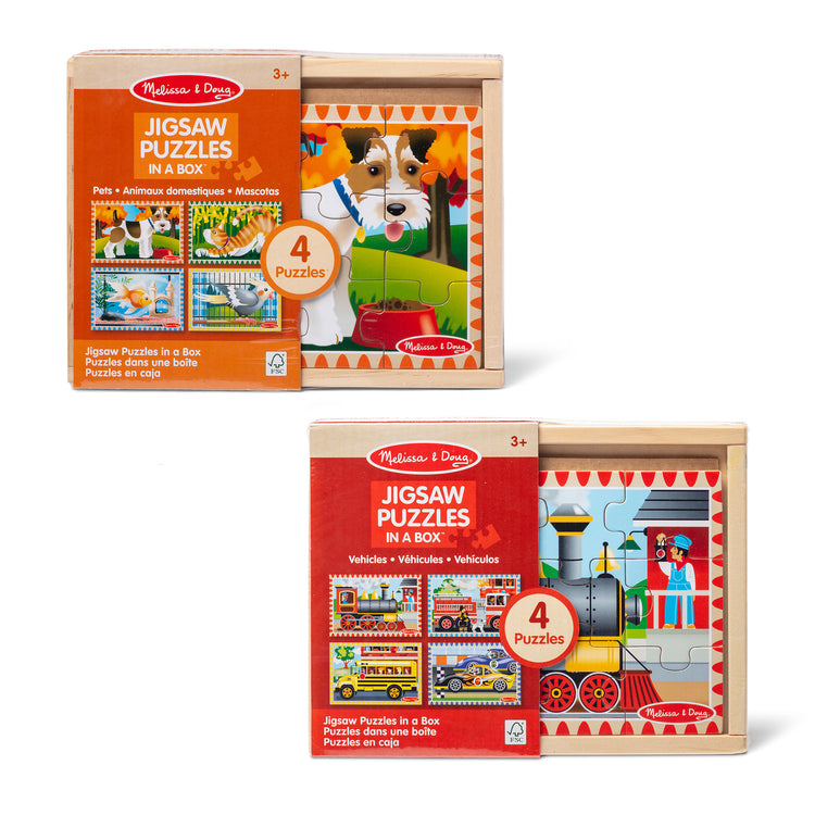 The loose pieces of The Melissa & Doug Wooden Jigsaw Puzzles in a Box 2-Pack for Preschool Boys and Girls – Pets, Vehicles