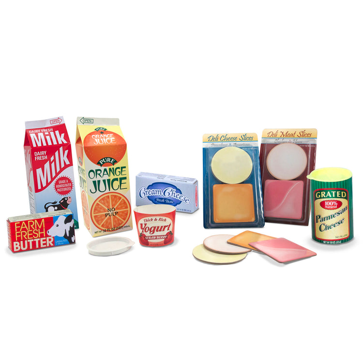 The loose pieces of The Melissa & Doug Fridge Groceries Play Food Cartons (8 pieces)