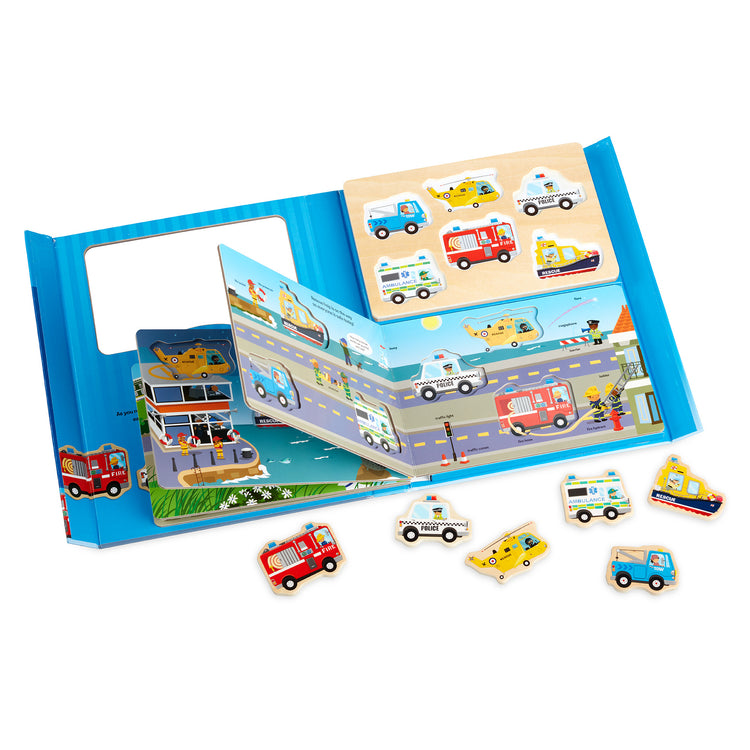 The loose pieces of The Melissa & Doug To the Rescue Book and Wooden 6-Piece Puzzle Play Set