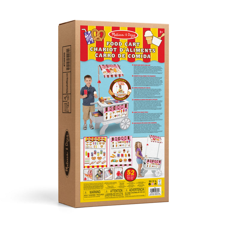 The front of the box for The Melissa & Doug Wooden Snacks and Sweets Food Cart - 40+ Play Food pcs, Reversible Awning