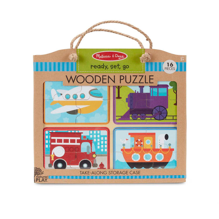 The front of the box for The Melissa & Doug Natural Play Wooden Puzzle: Ready, Set, Go (Four 4-Piece Vehicle Puzzles)