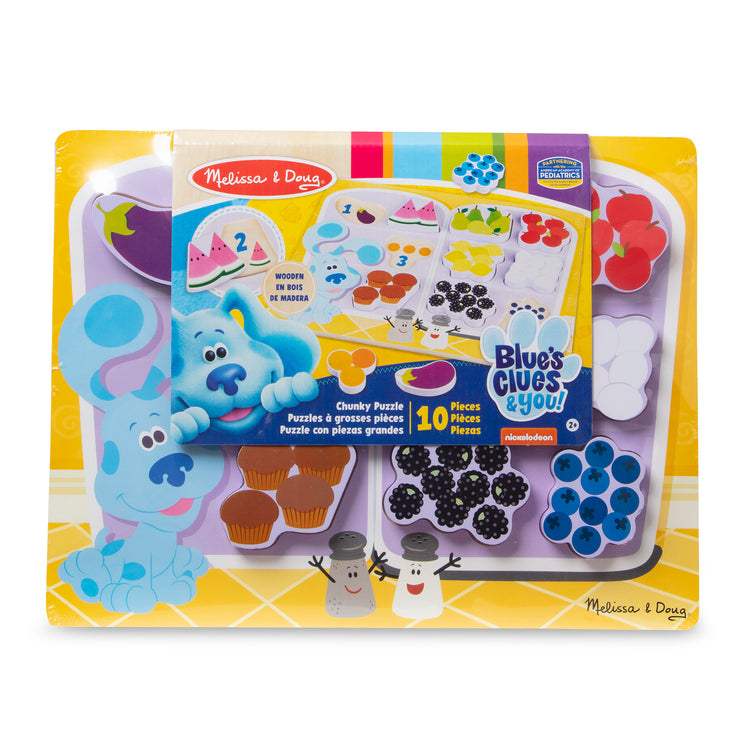 The front of the box for The Melissa & Doug Blue's Clues & You! Wooden Chunky Puzzle - Fridge Food (10 Pieces)