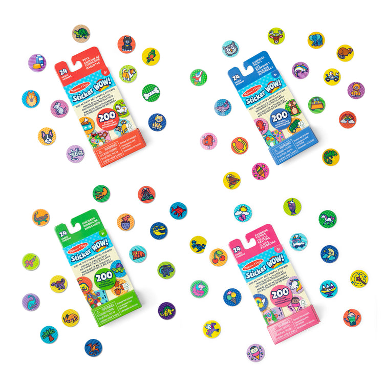 The loose pieces of The Melissa & Doug Sticker WOW!™ Mini Activity Pad and Refill Stickers 4-Pack (Dinosaur, Pets, Favorite Things, Surprise Pack 1) – 200 Stickers Each (800 Total) for Any Sticker Stamper (Not Included)