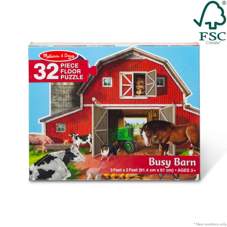 The front of the box for The Melissa & Doug Busy Barn Shaped Jumbo Jigsaw Floor Puzzle (32 pcs, 2 x 3 feet)