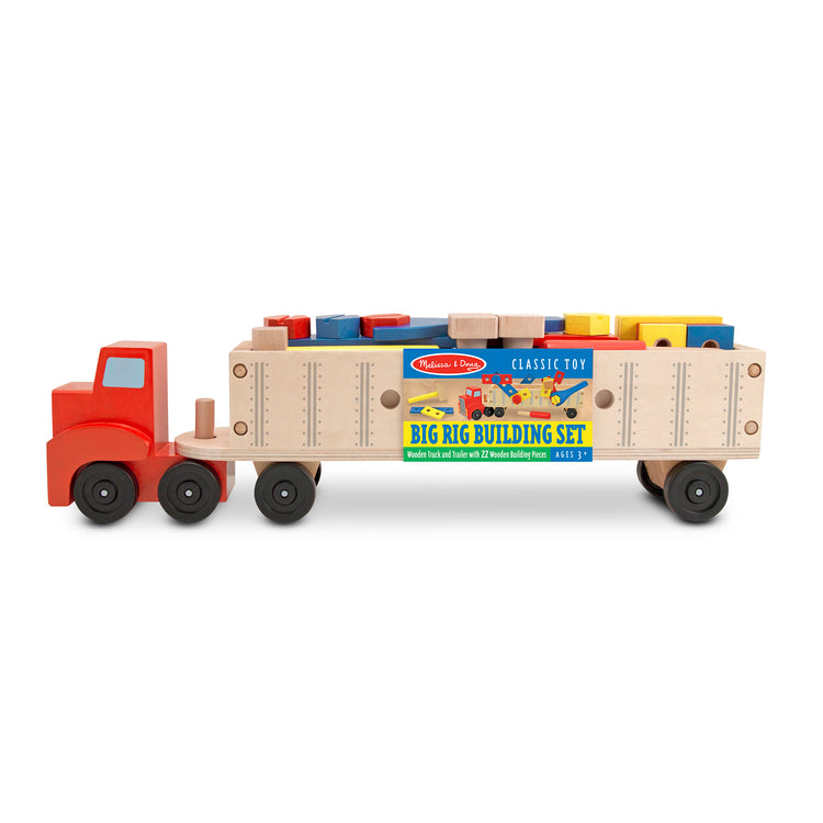 The front of the box for The Melissa & Doug Wooden Big Rig Truck Building Set (22 pcs)