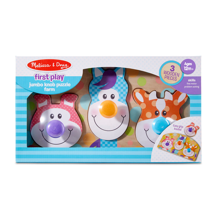 The front of the box for The Melissa & Doug First Play Wooden Jumbo Knob Farm Animal Puzzle (3 pcs)