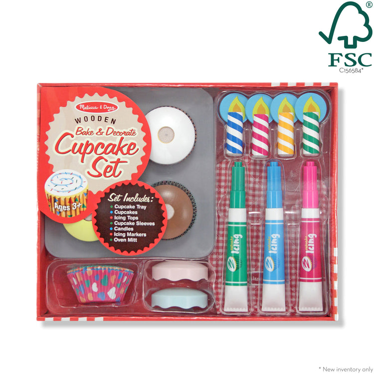 The front of the box for The Melissa & Doug Bake and Decorate Wooden Cupcake Play Food Set