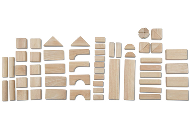 The loose pieces of The Melissa & Doug Standard Unit Solid-Wood Building Blocks With Wooden Storage Tray (60 pcs)