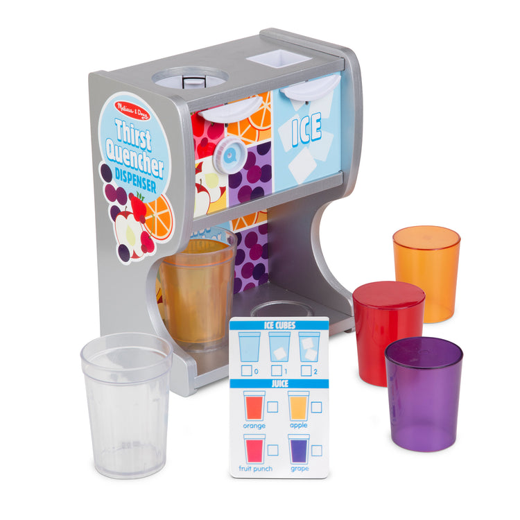 The loose pieces of The Melissa & Doug Wooden Thirst Quencher Drink Dispenser With Cups, Juice Inserts, Ice Cubes