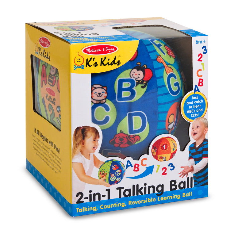 The front of the box for The Melissa & Doug K's Kids 2-in-1 Talking Ball Educational Toy - ABCs and Counting 1-10