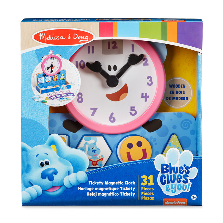 The front of the box for The Melissa & Doug Blue's Clues & You! Wooden Tickety Tock Magnetic Clock (31 Pieces)