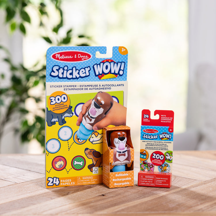 A playroom scene with The Melissa & Doug Sticker WOW!™ Dog Bundle: 24-Page Activity Pad, Sticker Stamper, 500 Stickers, Arts and Crafts Fidget Toy Collectible Character