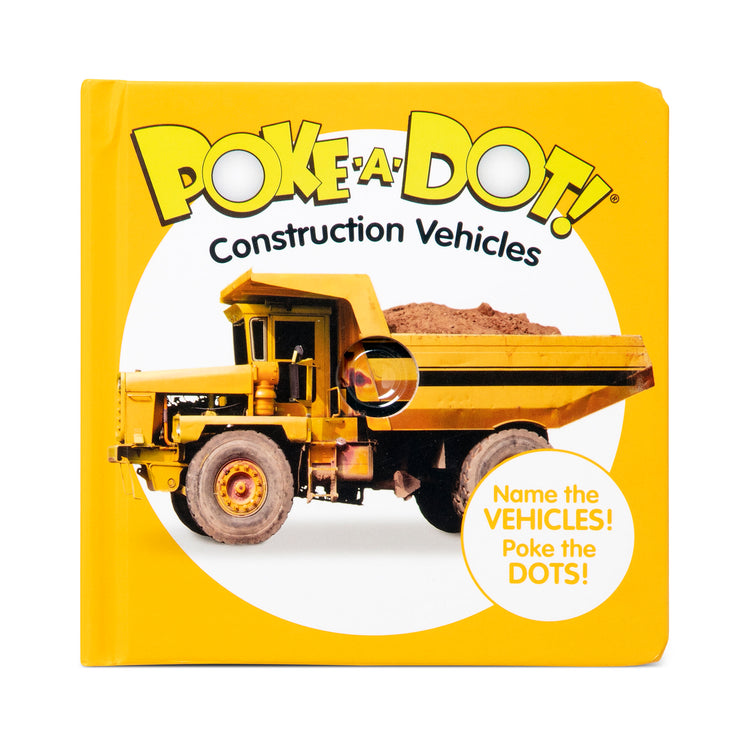 The front of the box for The Melissa & Doug Children’s Book – Poke-a-Dot: Construction Vehicles (Board Book with Buttons to Pop)