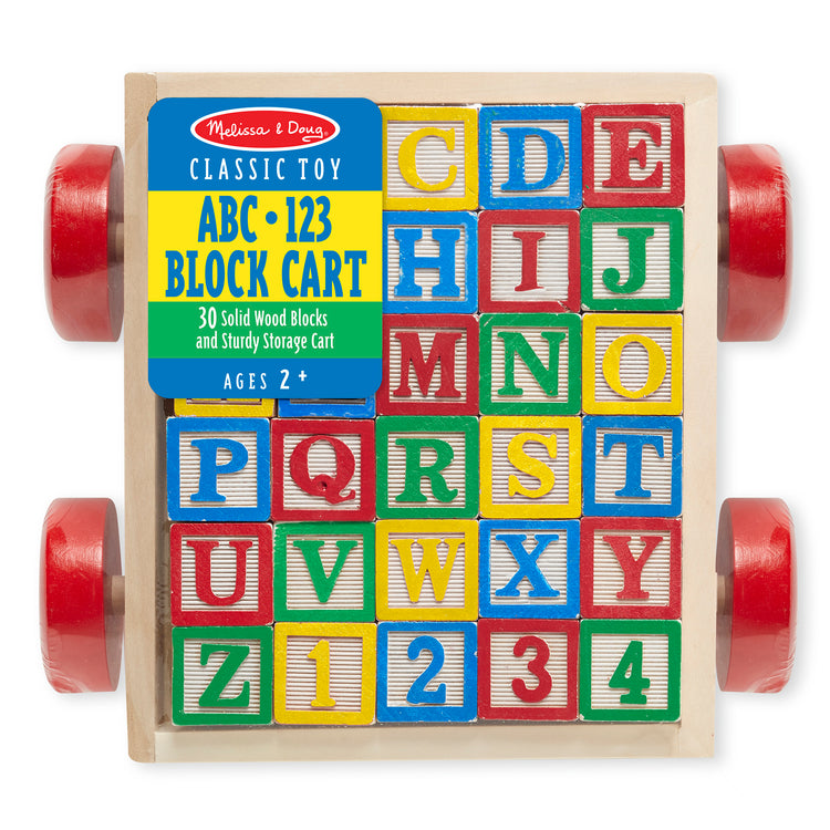 The front of the box for The Melissa & Doug Classic ABC Wooden Block Cart Educational Toy With 30 1-Inch Solid Wood Blocks