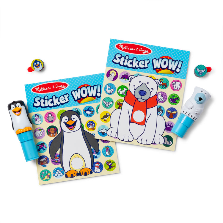 The loose pieces of The Melissa & Doug Sticker WOW!®  Winter (Polar Bear and Penguin) VALUE PACK Arts and Crafts Collectibles – 2 Activity Pads, 2 Sticker Stampers, 2 Bonus Sticker Stacks