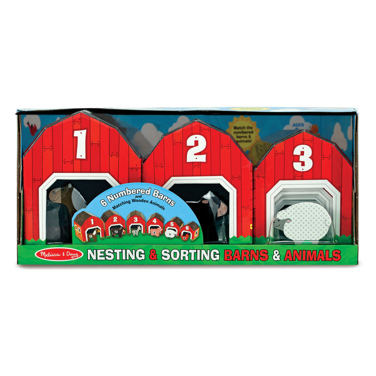 The front of the box for The Melissa & Doug Nesting and Sorting Barns and Animals With 6 Numbered Barns and Matching Wooden Animals