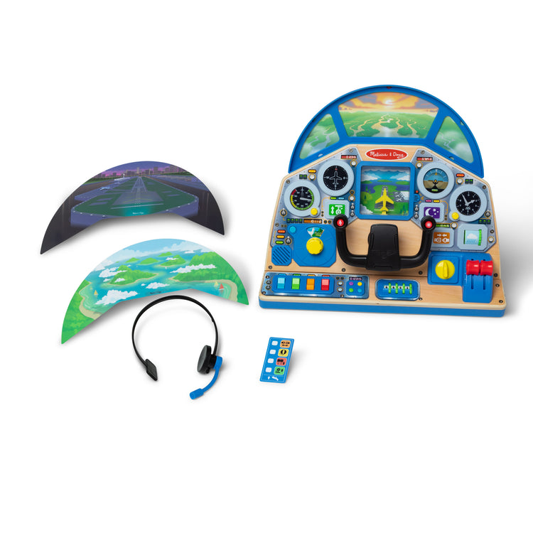 The loose pieces of The Melissa & Doug Jet Pilot Interactive Dashboard Wooden Toy for Boys and Girls Ages 3+