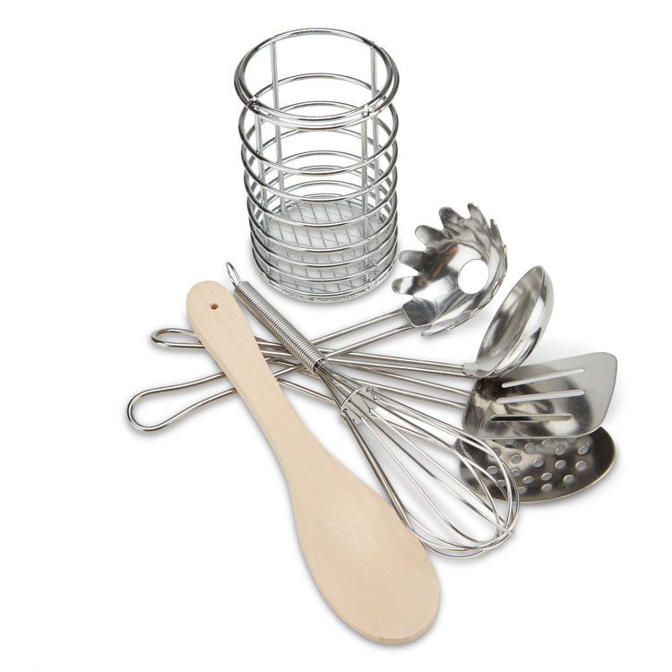 The loose pieces of The Melissa & Doug Stir and Serve Cooking Utensils (7 pcs) - Stainless Steel and Wood