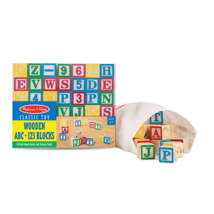 The loose pieces of The Melissa & Doug Deluxe Wooden ABC/123 1-Inch Blocks Set With Storage Pouch (50 pcs)