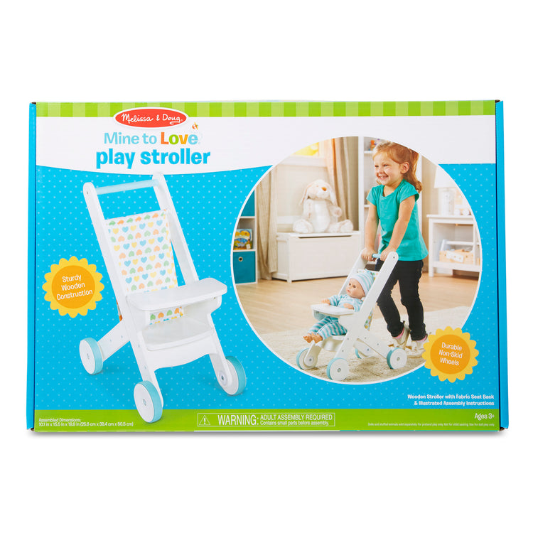 The front of the box for The Melissa & Doug Mine to Love Wooden Play Stroller for Dolls, Stuffed Animals - White (18”H x 8”W x 11”D Assembled)