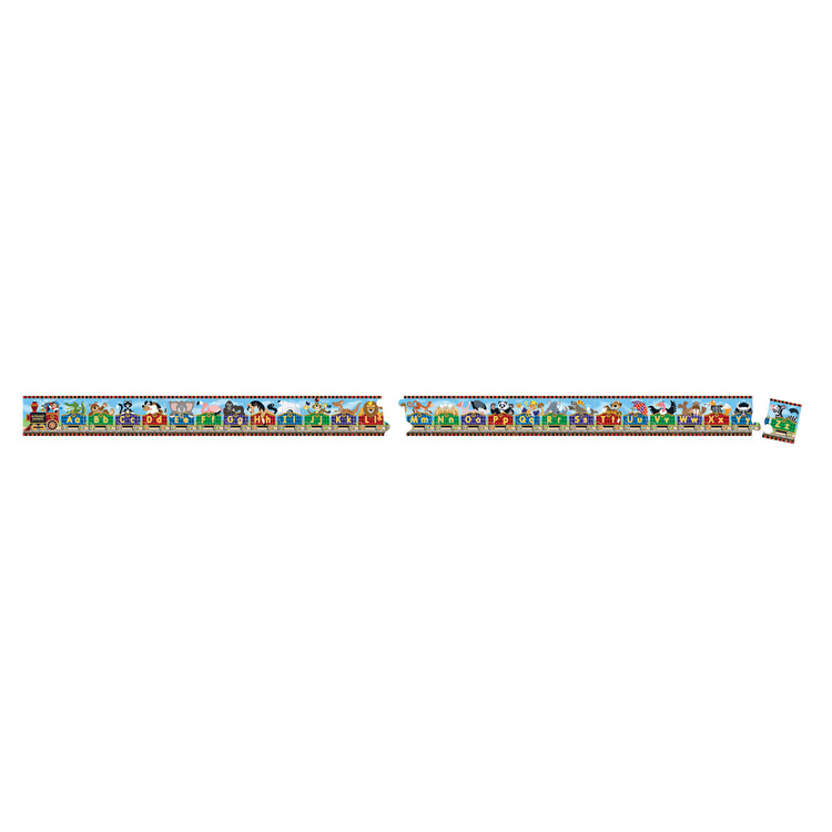 The loose pieces of The Melissa & Doug Alphabet Express Jumbo Jigsaw Floor Puzzle (27 pcs, 10 feet long)