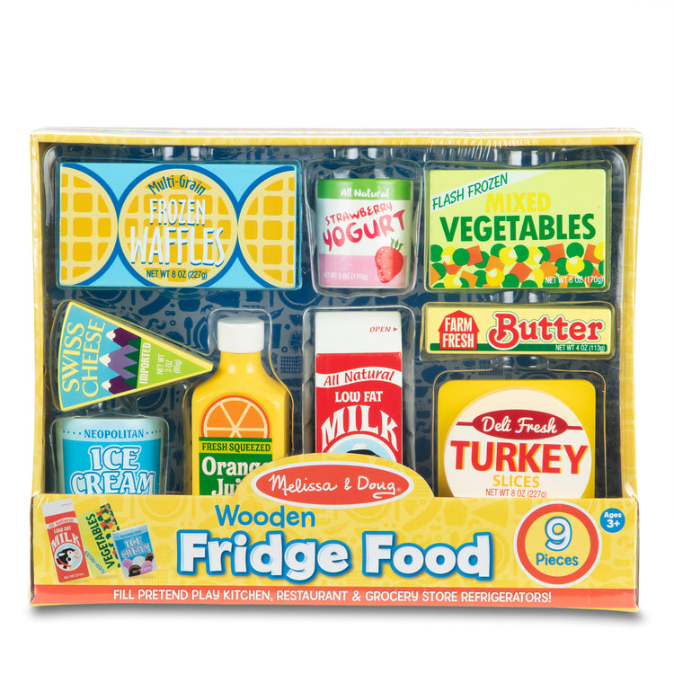 The front of the box for The Melissa & Doug Fridge Food Wooden Play Food Set - 9 Pieces