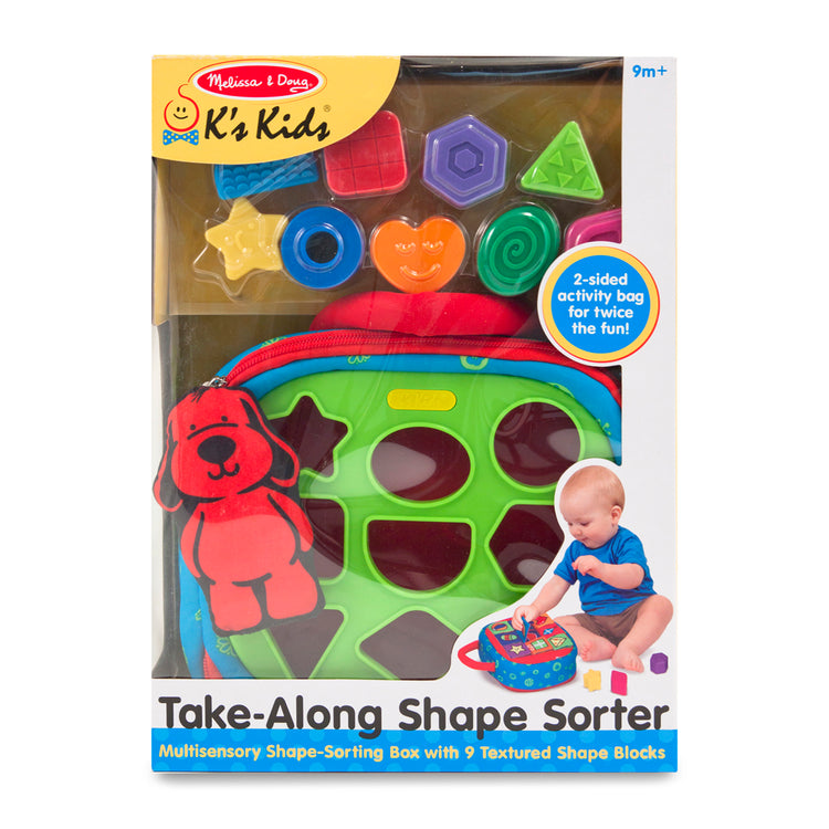 The front of the box for The Melissa & Doug K's Kids Take-Along Shape Sorter Baby Toy With 2-Sided Activity Bag and 9 Textured Shape Blocks