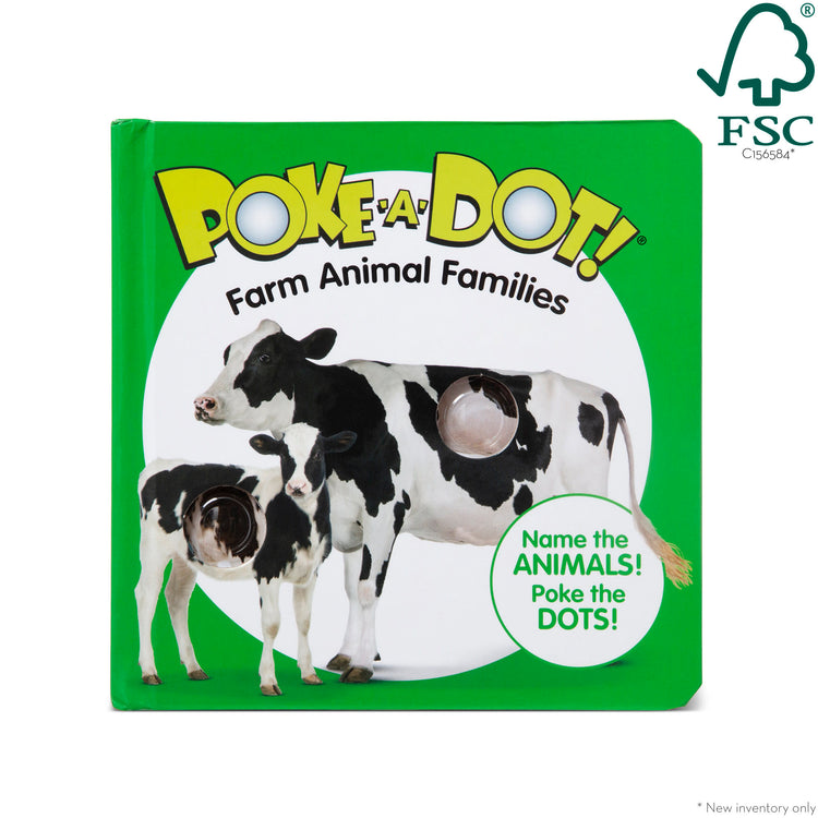 The front of the box for The Melissa & Doug Children’s Book – Poke-a-Dot: Farm Animal Families (Board Book with Buttons to Pop)