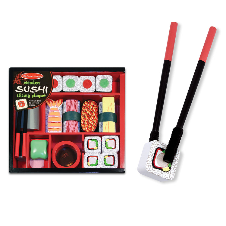 The loose pieces of The Melissa & Doug Sushi Slicing Wooden Play Food Set