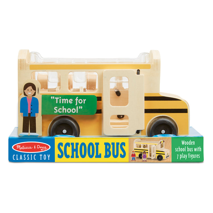 The front of the box for The Melissa & Doug School Bus Wooden Play Set With 7 Play Figures