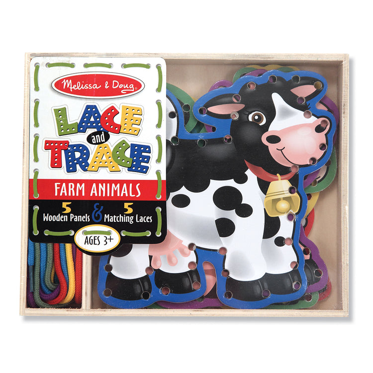 The front of the box for The Melissa & Doug Lace and Trace Activity Set: 5 Wooden Panels and 5 Matching Laces - Farm