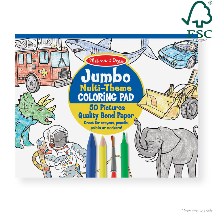 The front of the box for The Melissa & Doug Jumbo 50-Page Kids' Coloring Pads 3-Pack - Animals, Vehicles, and Multi-Themed