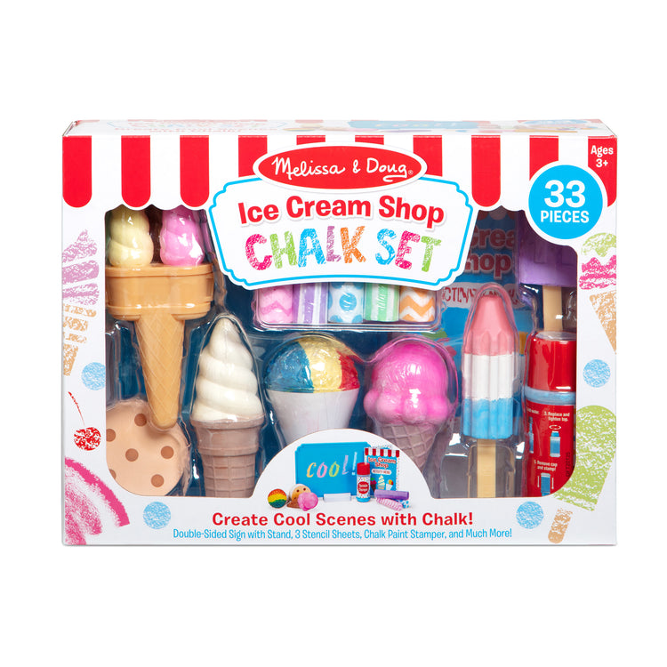 The front of the box for The Melissa & Doug Ice Cream Shop Multi-Colored Chalk and Holders Play Set - 33 Pieces, Great Gift for Girls and Boys