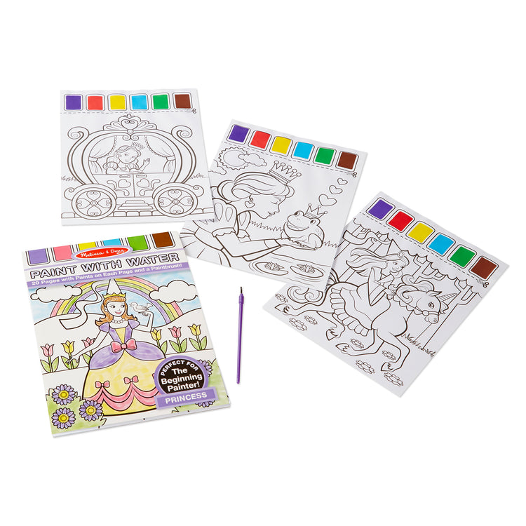 The loose pieces of The Melissa & Doug Paint With Water - Princess, 20 Perforated Pages With Spillproof Palettes