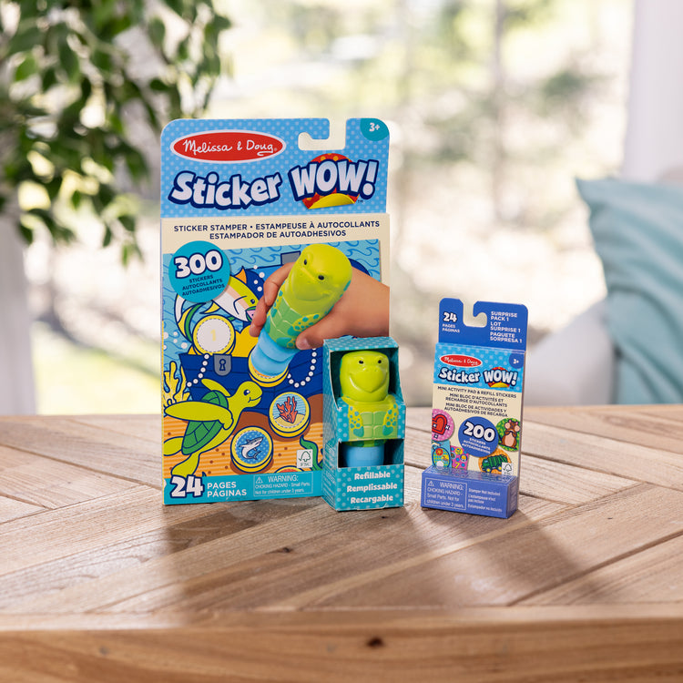 A playroom scene with The Melissa & Doug Sticker WOW!™ Sea Turtle Bundle: 24-Page Activity Pad, Sticker Stamper, 500 Stickers, Arts and Crafts Fidget Toy Collectible Character