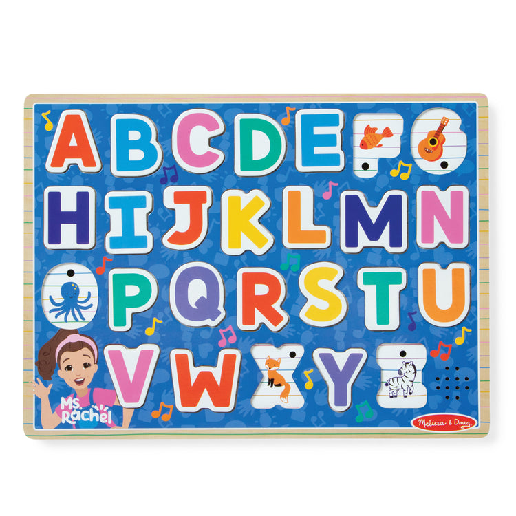 The front of the box for The Melissa & Doug® Ms. Rachel™ Wooden Phonics Alphabet Sound Puzzle, 24-Piece Toddler Toys for Boys and Girls Ages 2+ Years