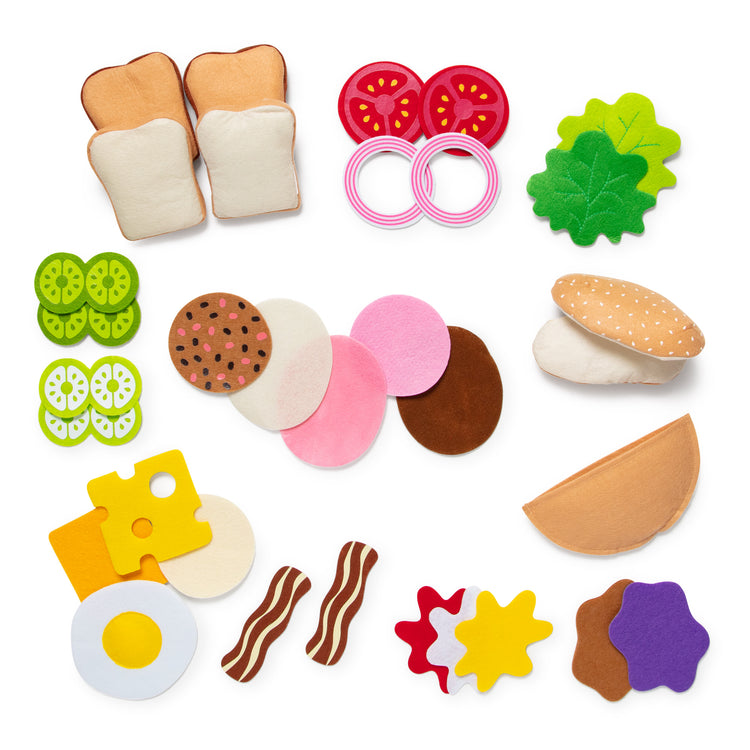 The loose pieces of The Melissa & Doug Felt Food Sandwich Play Food Set (33 pcs)