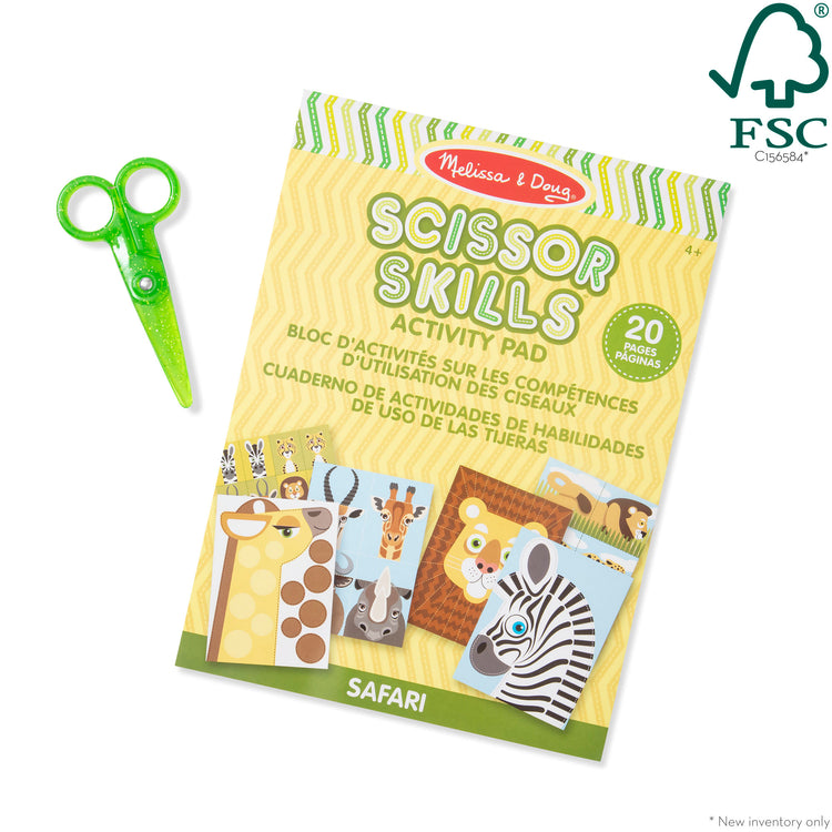 The loose pieces of The Melissa & Doug Safari Scissor Skills Activity Pad with Child-Safe Scissors – 20 Pages