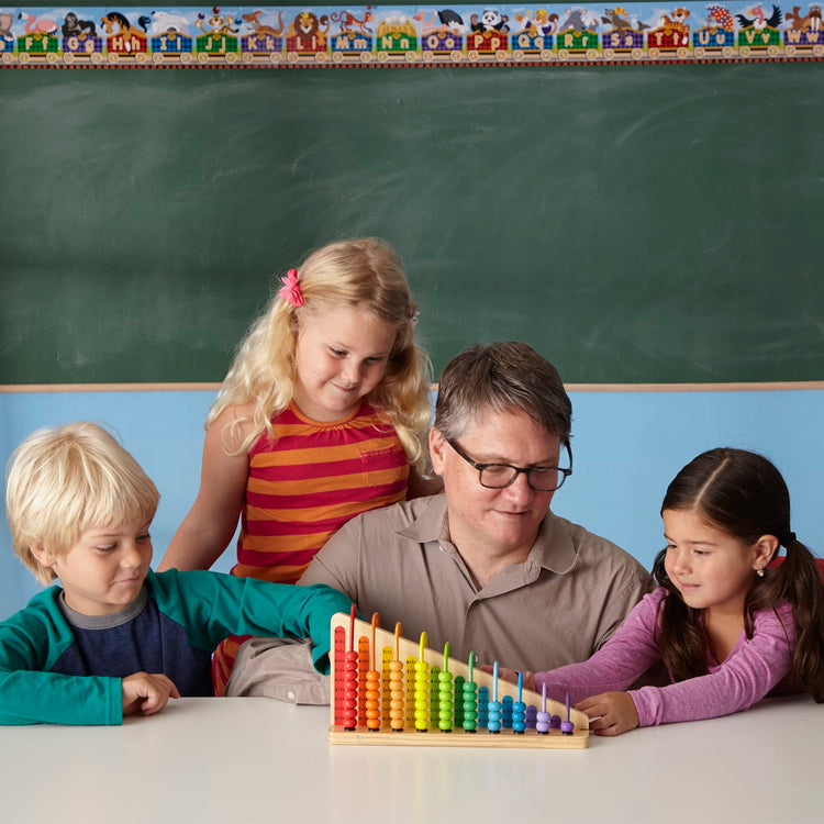 A kid playing with the Melissa & Doug Add & Subtract Abacus - Educational Toy With 55 Colorful Beads and Sturdy Wooden Construction