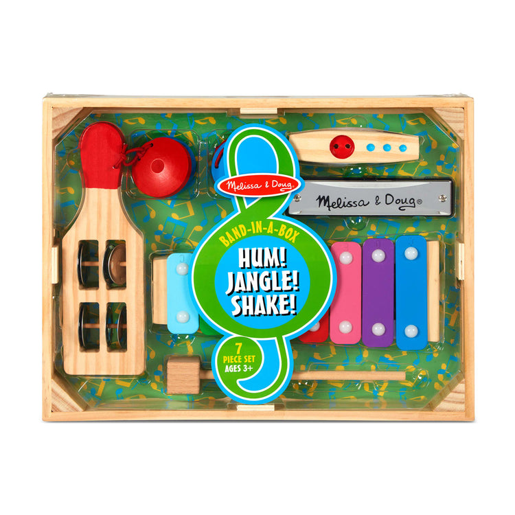 the Melissa & Doug Band-in-a-Box Hum! Jangle! Shake! - 7-Piece Musical Instrument Set