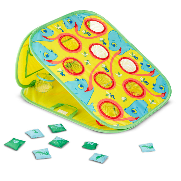 The loose pieces of the Melissa & Doug Sunny Patch Camo Chameleon Bean Bag Toss Action Game