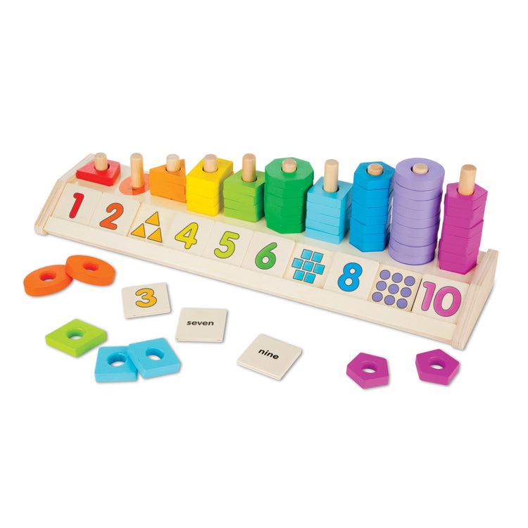 The loose pieces of the Melissa & Doug Counting Shape Stacker - Wooden Educational Toy With 55 Shapes and 10 Number Tiles