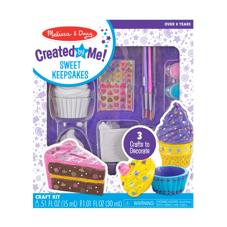 The front of the box for the Melissa & Doug Sweet Keepsakes Craft Kit: 2 Decorate-Your-Own Treasure Boxes and a Cake Bank