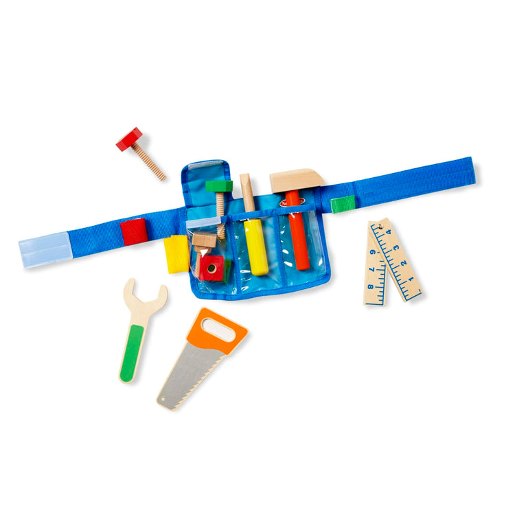 The loose pieces of the Melissa & Doug Deluxe Tool Belt Set - 5 Wooden Tools, 8 Building Pieces, Adjustable Belt