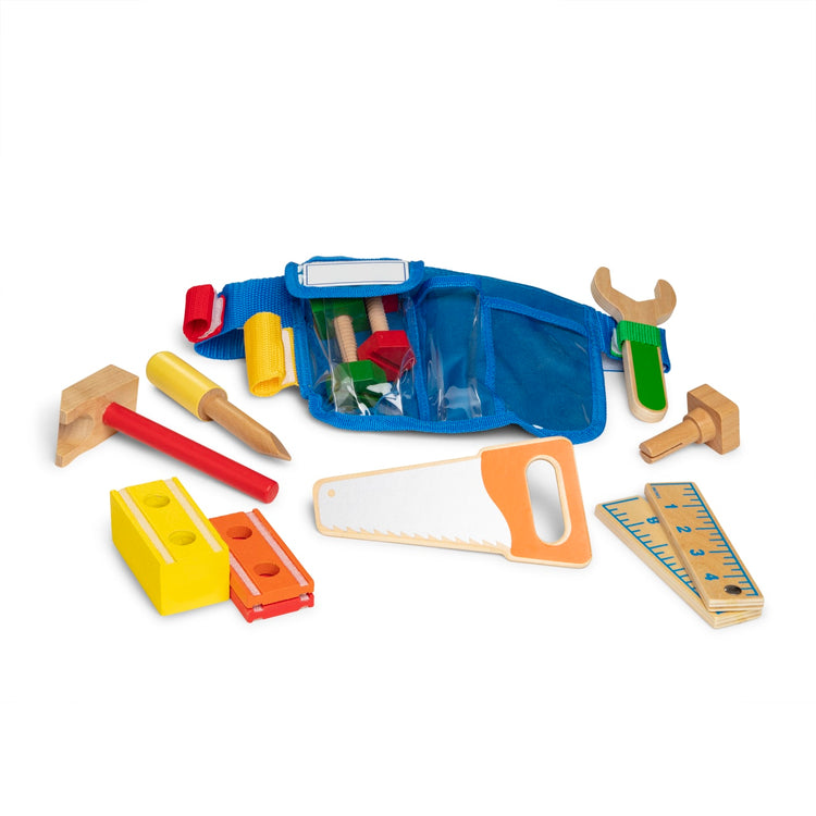 The loose pieces of the Melissa & Doug Deluxe Tool Belt Set - 5 Wooden Tools, 8 Building Pieces, Adjustable Belt