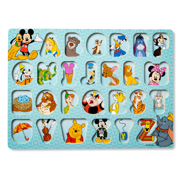 The loose pieces of the Melissa & Doug Disney Classics Alphabet Wooden Peg Puzzle (26 pcs)