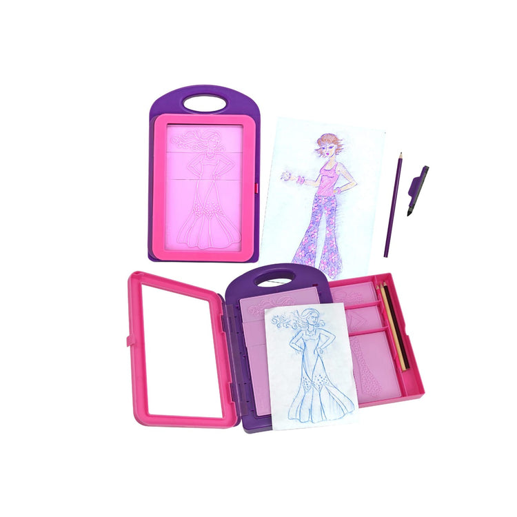 The loose pieces of the Melissa & Doug Fashion Design Art Activity Kit - 9 Double-Sided Rubbing Plates, 4 Pencils, Crayon